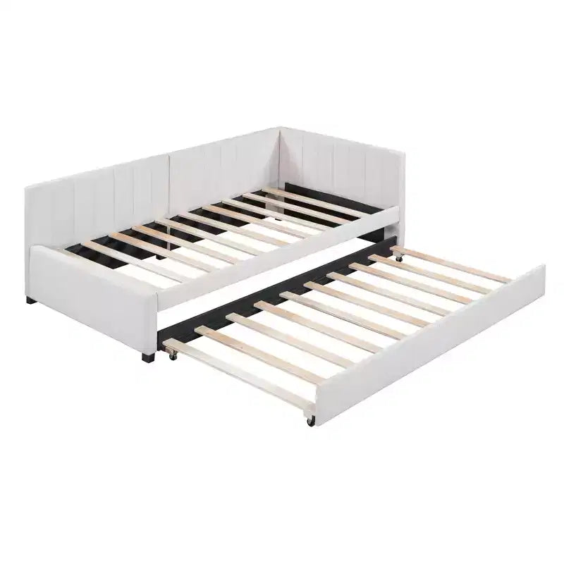Gepolstertes Tagesbett in Einzelbettgröße mit Ausziehbett, Tagesbettgestell mit Armlehnen, Schlafsofa für Wohnzimmer und Schlafzimmer, Beige