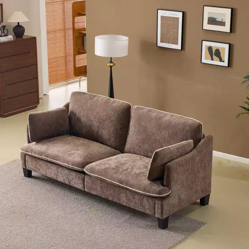 Übergangsstil-Zweisitzersofa mit paspelierten T-Sitzkissen und Leinenmischgewebe