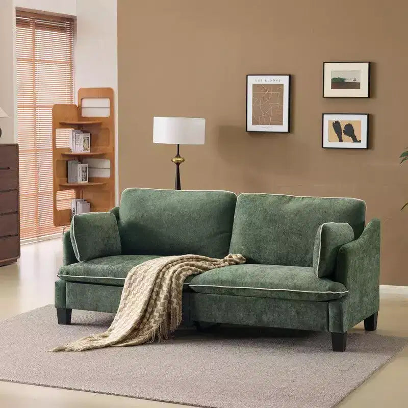 Übergangsstil-Zweisitzersofa mit paspelierten T-Sitzkissen und Leinenmischgewebe