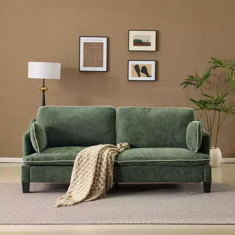 Übergangsstil-Zweisitzersofa mit paspelierten T-Sitzkissen und Leinenmischgewebe