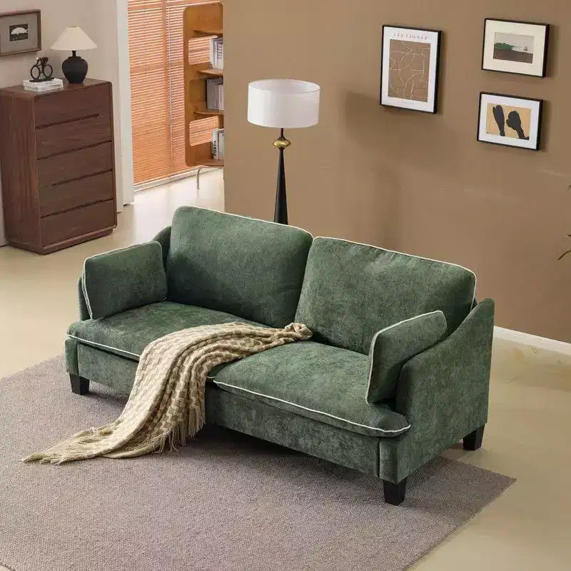 Übergangsstil-Zweisitzersofa mit paspelierten T-Sitzkissen und Leinenmischgewebe