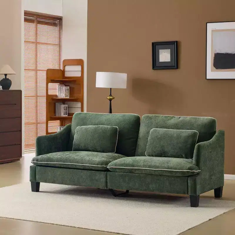 Übergangsstil-Zweisitzersofa mit paspelierten T-Sitzkissen und Leinenmischgewebe