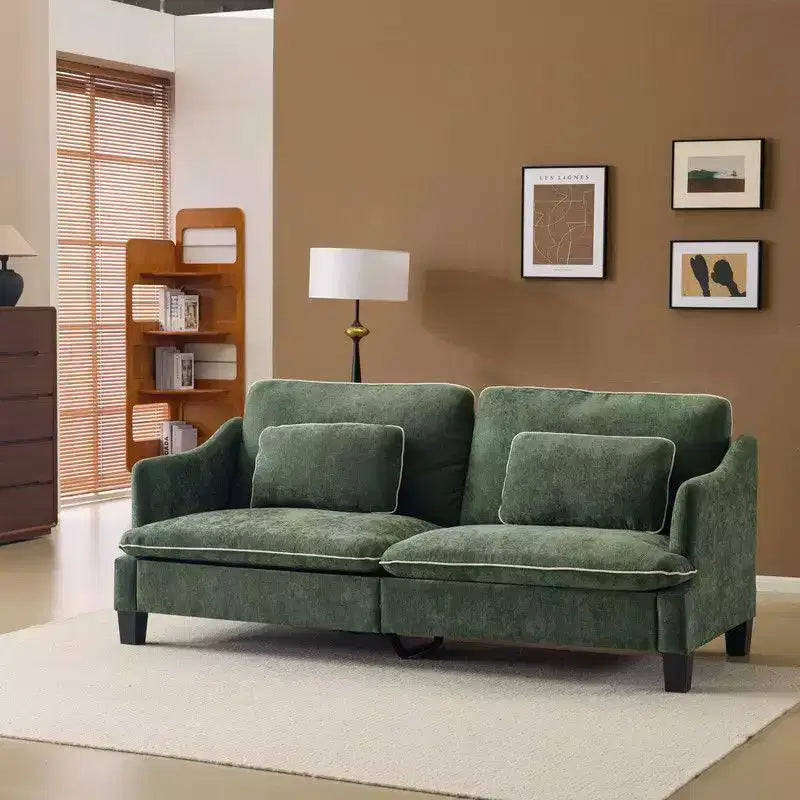 Übergangsstil-Zweisitzersofa mit paspelierten T-Sitzkissen und Leinenmischgewebe