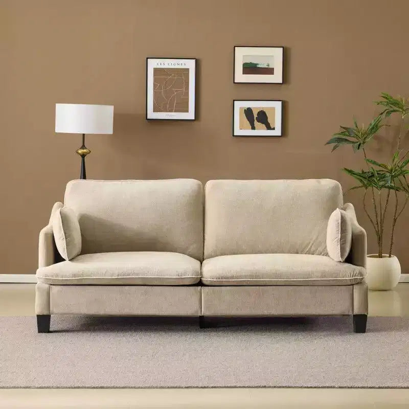 Übergangsstil-Zweisitzersofa mit paspelierten T-Sitzkissen und Leinenmischgewebe