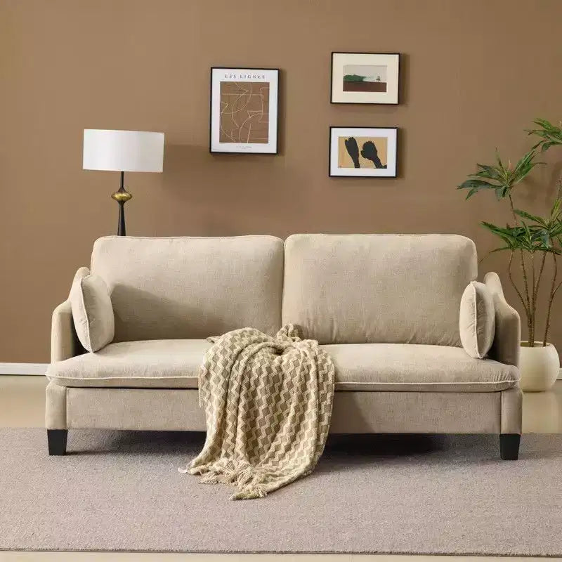 Übergangsstil-Zweisitzersofa mit paspelierten T-Sitzkissen und Leinenmischgewebe