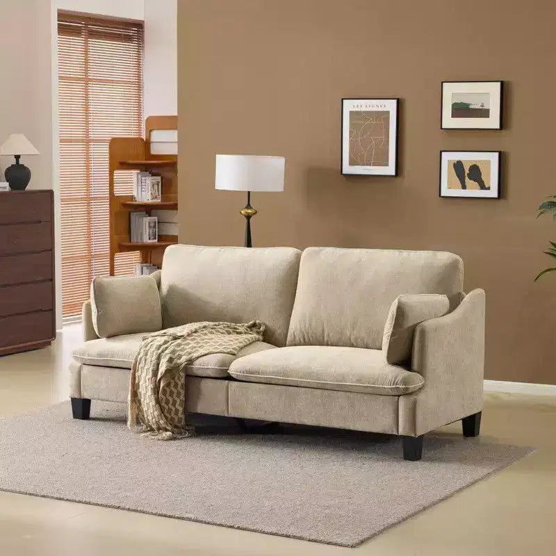 Übergangsstil-Zweisitzersofa mit paspelierten T-Sitzkissen und Leinenmischgewebe