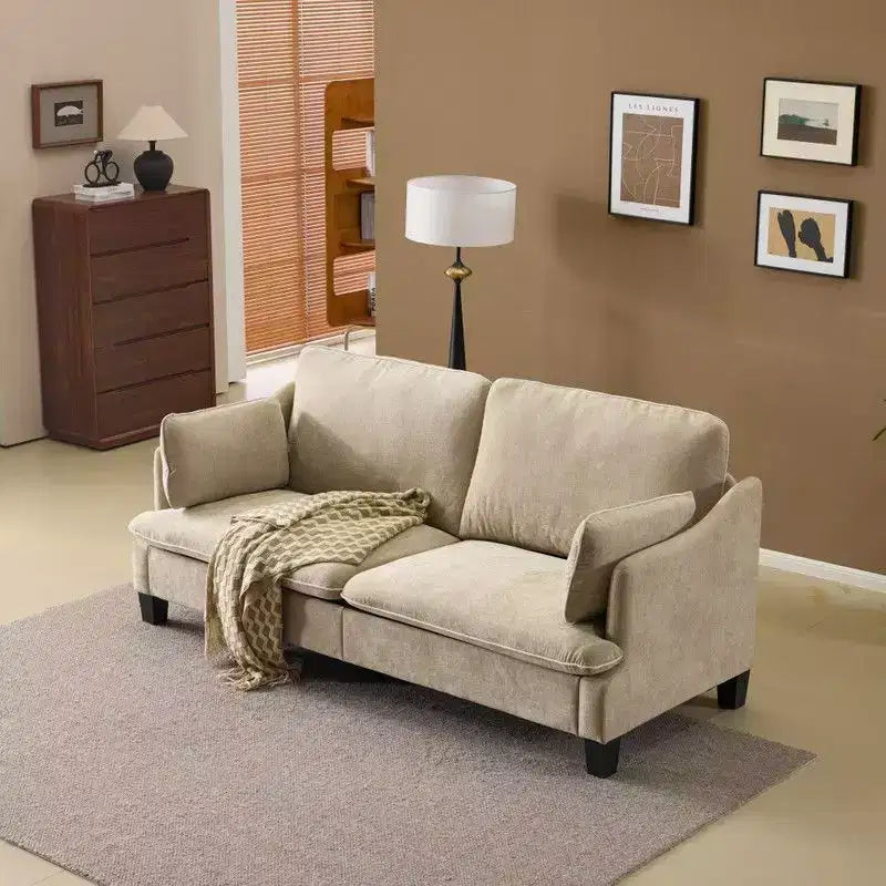 Übergangsstil-Zweisitzersofa mit paspelierten T-Sitzkissen und Leinenmischgewebe