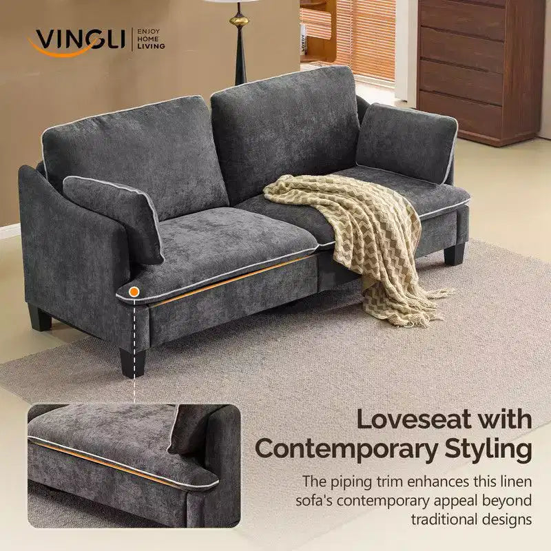 Übergangsstil-Zweisitzersofa mit paspelierten T-Sitzkissen und Leinenmischgewebe