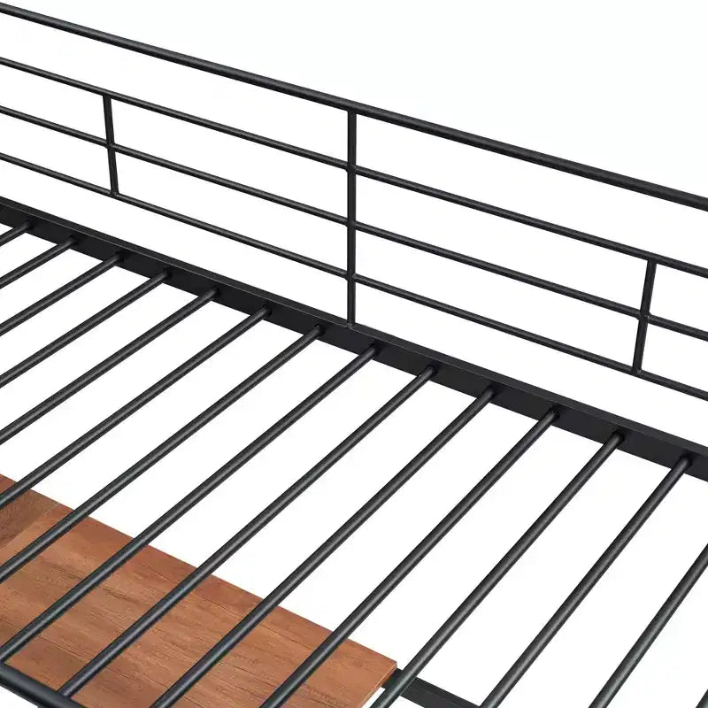Cama alta metálica individual con escritorio y rejilla metálica, elegante estructura metálica con escalera lateral de almacenamiento y armario, negra