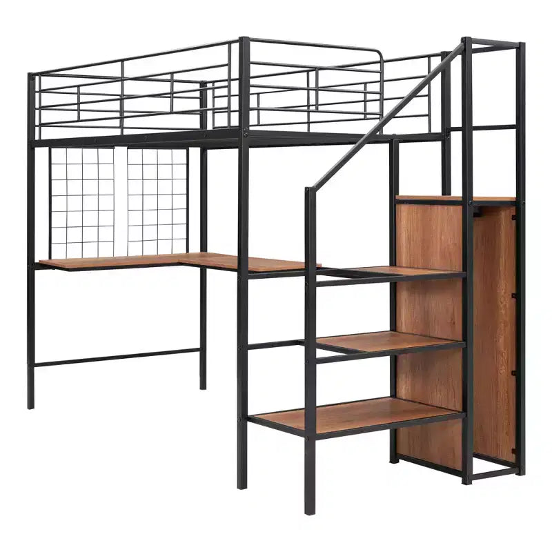 Cama alta metálica individual con escritorio y rejilla metálica, elegante estructura metálica con escalera lateral de almacenamiento y armario, negra