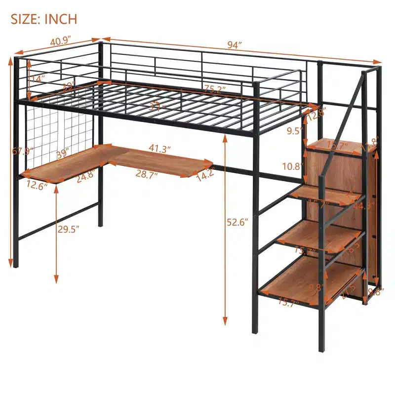 Cama alta metálica individual con escritorio y rejilla metálica, elegante estructura metálica con escalera lateral de almacenamiento y armario, negra