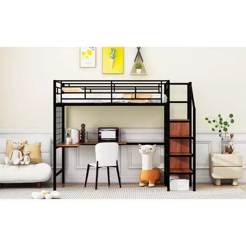 Cama alta metálica individual con escritorio y rejilla metálica, elegante estructura metálica con escalera lateral de almacenamiento y armario, negra