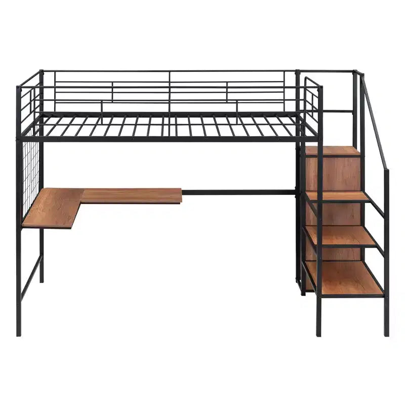 Cama alta metálica individual con escritorio y rejilla metálica, elegante estructura metálica con escalera lateral de almacenamiento y armario, negra