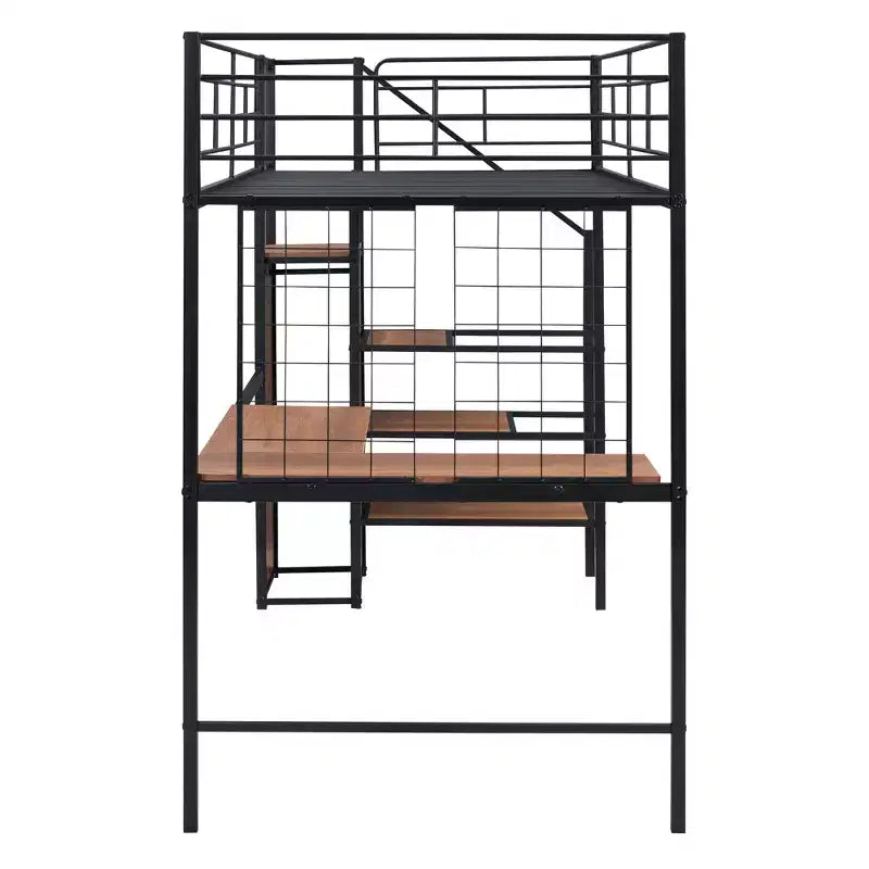 Cama alta metálica individual con escritorio y rejilla metálica, elegante estructura metálica con escalera lateral de almacenamiento y armario, negra
