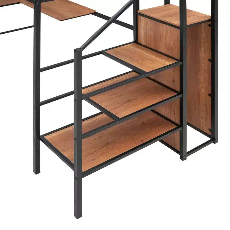 Cama alta metálica individual con escritorio y rejilla metálica, elegante estructura metálica con escalera lateral de almacenamiento y armario, negra