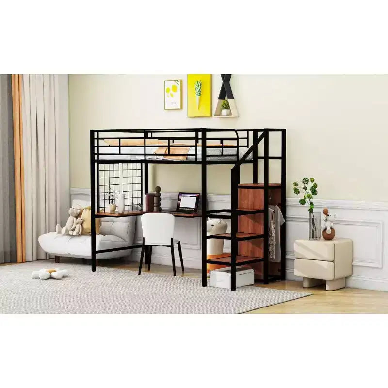 Cama alta metálica individual con escritorio y rejilla metálica, elegante estructura metálica con escalera lateral de almacenamiento y armario, negra