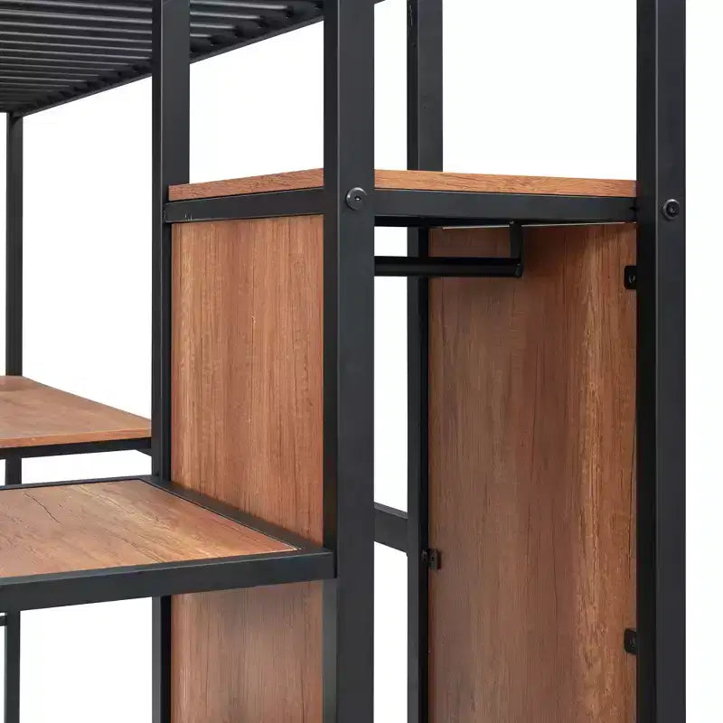 Cama alta metálica individual con escritorio y rejilla metálica, elegante estructura metálica con escalera lateral de almacenamiento y armario, negra