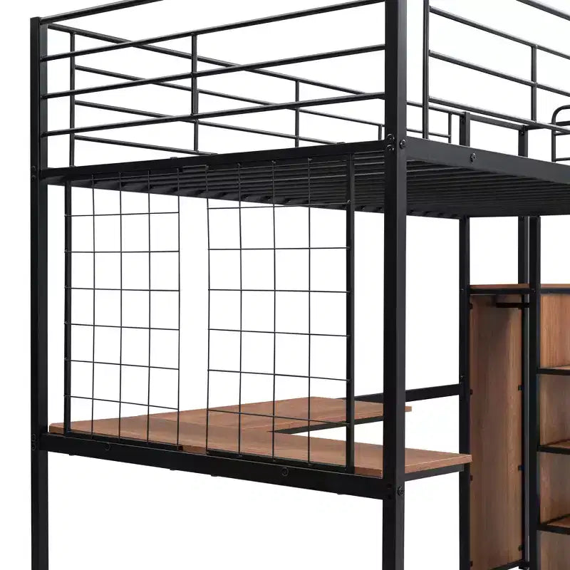 Cama alta metálica individual con escritorio y rejilla metálica, elegante estructura metálica con escalera lateral de almacenamiento y armario, negra