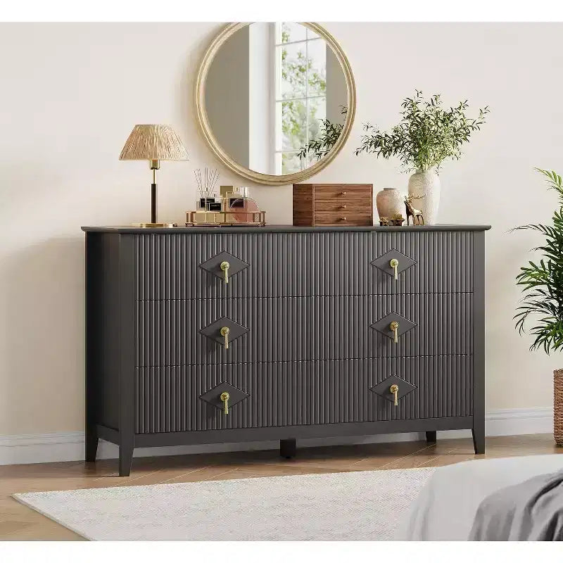 Extra breite Kommode mit 6 Schubladen, 54, geriffelte Fronten, moderne Schubladenkommode als TV-Ständer, Eichenoptik, für Schlafzimmer, Wohnzimmer und Flur