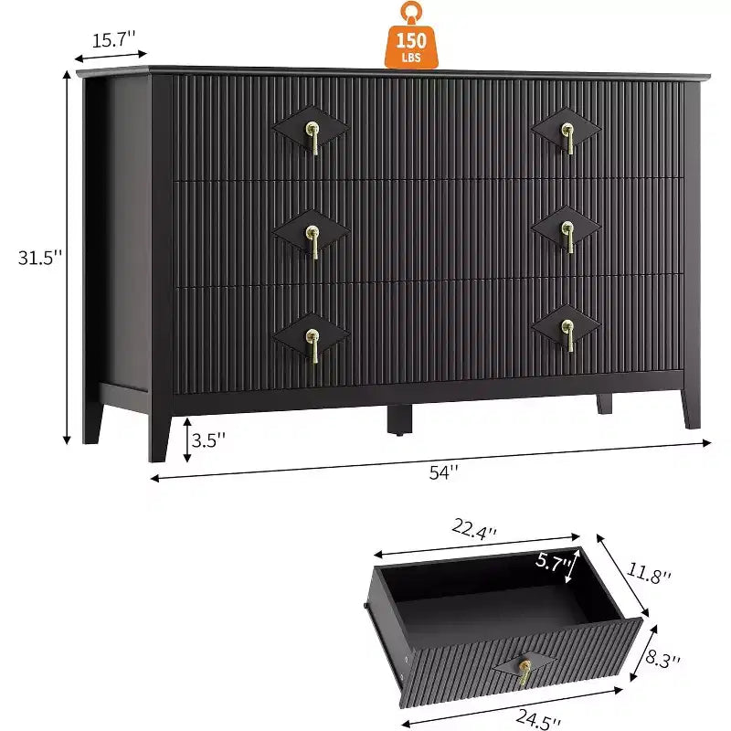Commode extra large de 54 avec 6 tiroirs et panneaux cannelés, meuble moderne avec finition chêne pouvant servir de meuble TV, pour chambre, salon ou couloir