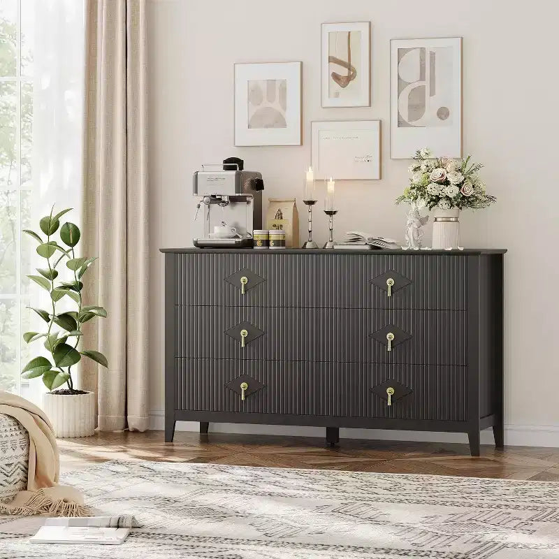 Commode extra large de 54 avec 6 tiroirs et panneaux cannelés, meuble moderne avec finition chêne pouvant servir de meuble TV, pour chambre, salon ou couloir
