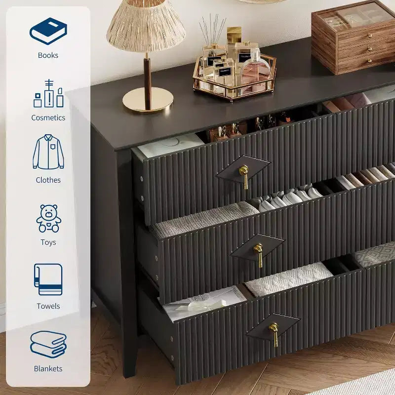 Commode extra large de 54 avec 6 tiroirs et panneaux cannelés, meuble moderne avec finition chêne pouvant servir de meuble TV, pour chambre, salon ou couloir