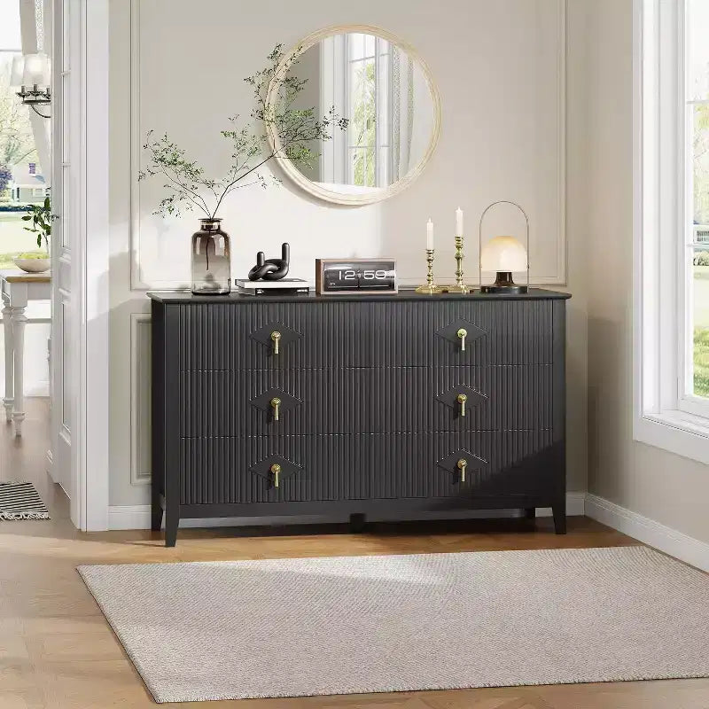 Commode extra large de 54 avec 6 tiroirs et panneaux cannelés, meuble moderne avec finition chêne pouvant servir de meuble TV, pour chambre, salon ou couloir