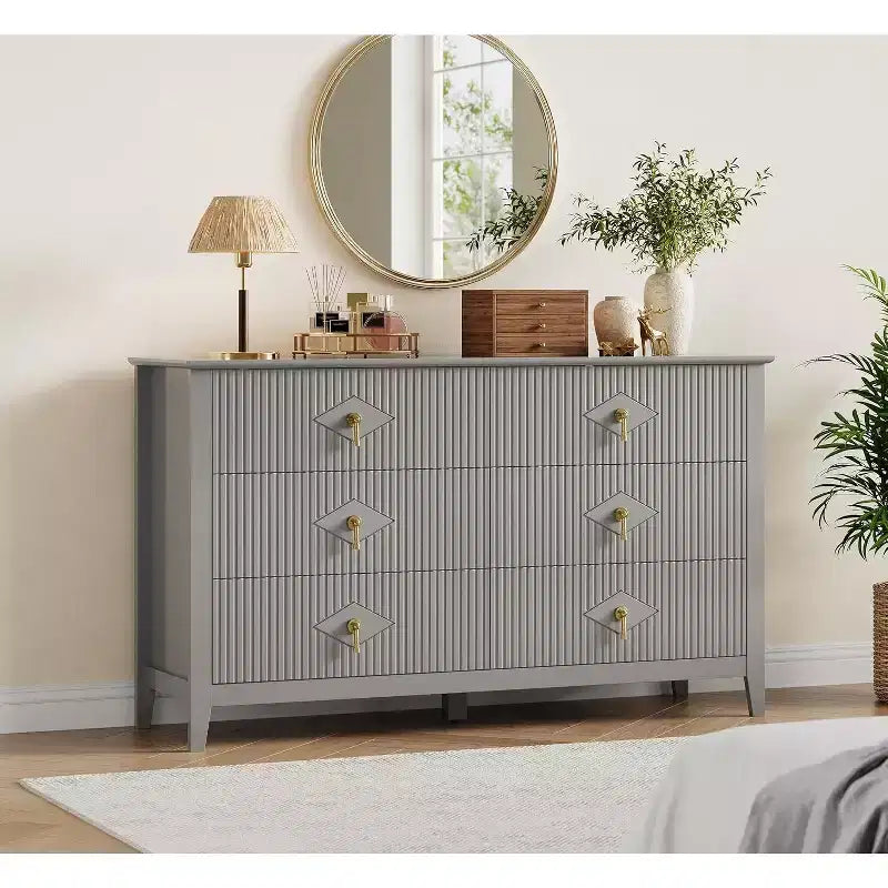 Commode extra large de 54 avec 6 tiroirs et panneaux cannelés, meuble moderne avec finition chêne pouvant servir de meuble TV, pour chambre, salon ou couloir