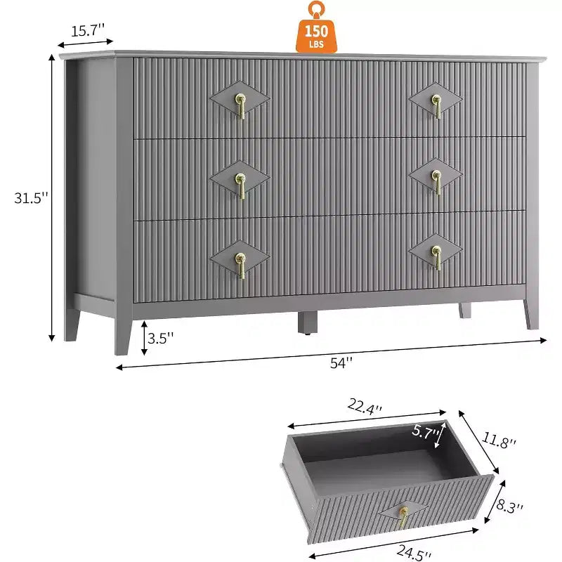 Commode extra large de 54 avec 6 tiroirs et panneaux cannelés, meuble moderne avec finition chêne pouvant servir de meuble TV, pour chambre, salon ou couloir
