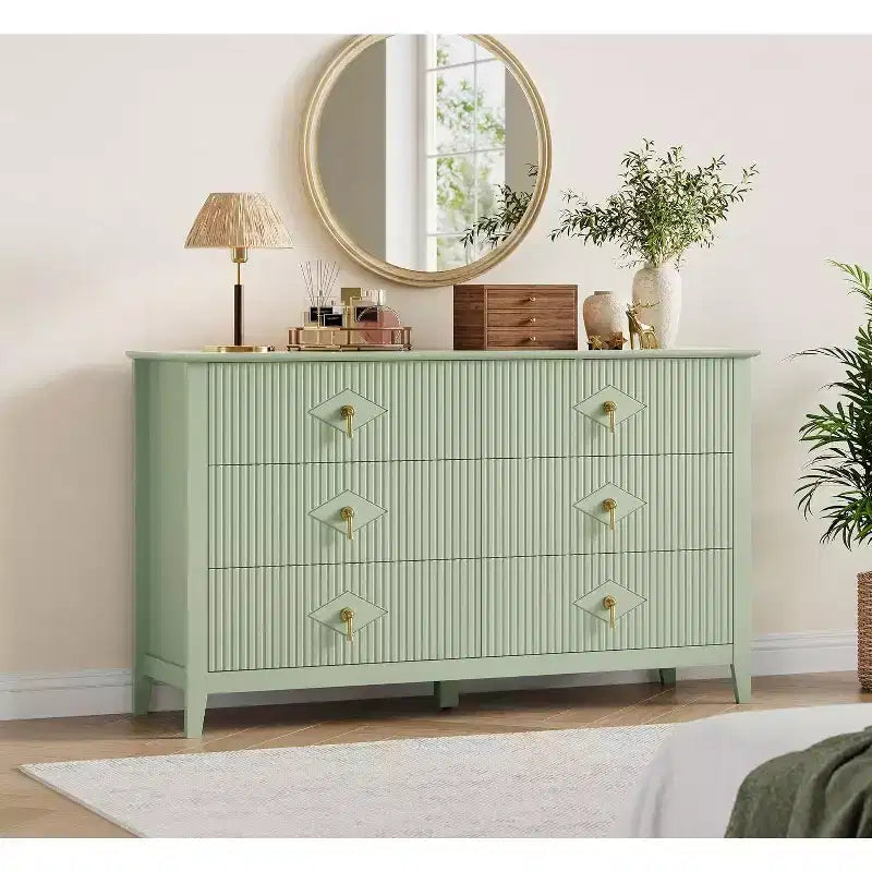 Commode extra large de 54 avec 6 tiroirs et panneaux cannelés, meuble moderne avec finition chêne pouvant servir de meuble TV, pour chambre, salon ou couloir