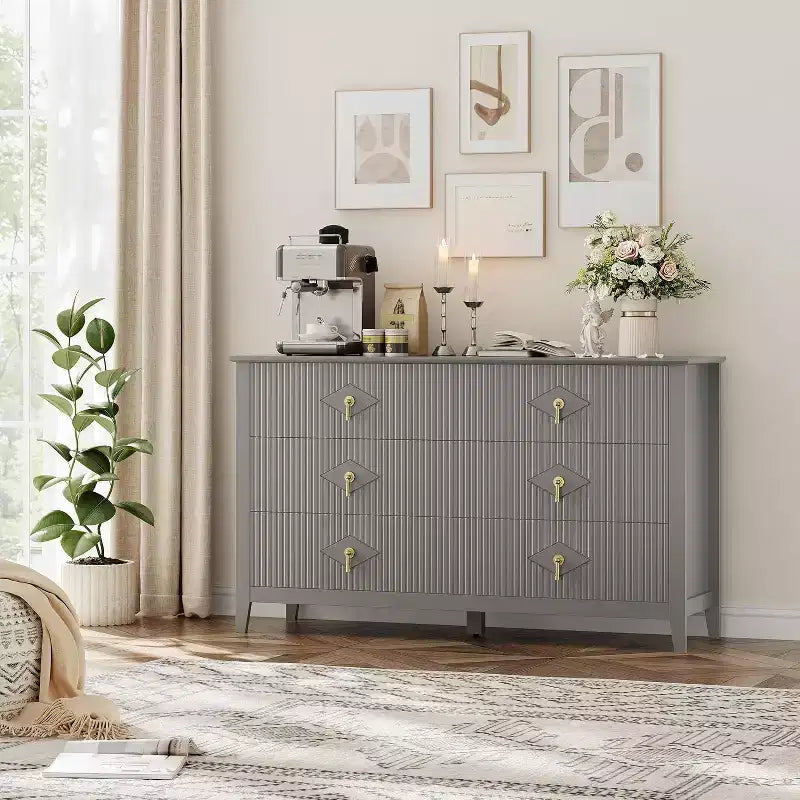 Commode extra large de 54 avec 6 tiroirs et panneaux cannelés, meuble moderne avec finition chêne pouvant servir de meuble TV, pour chambre, salon ou couloir
