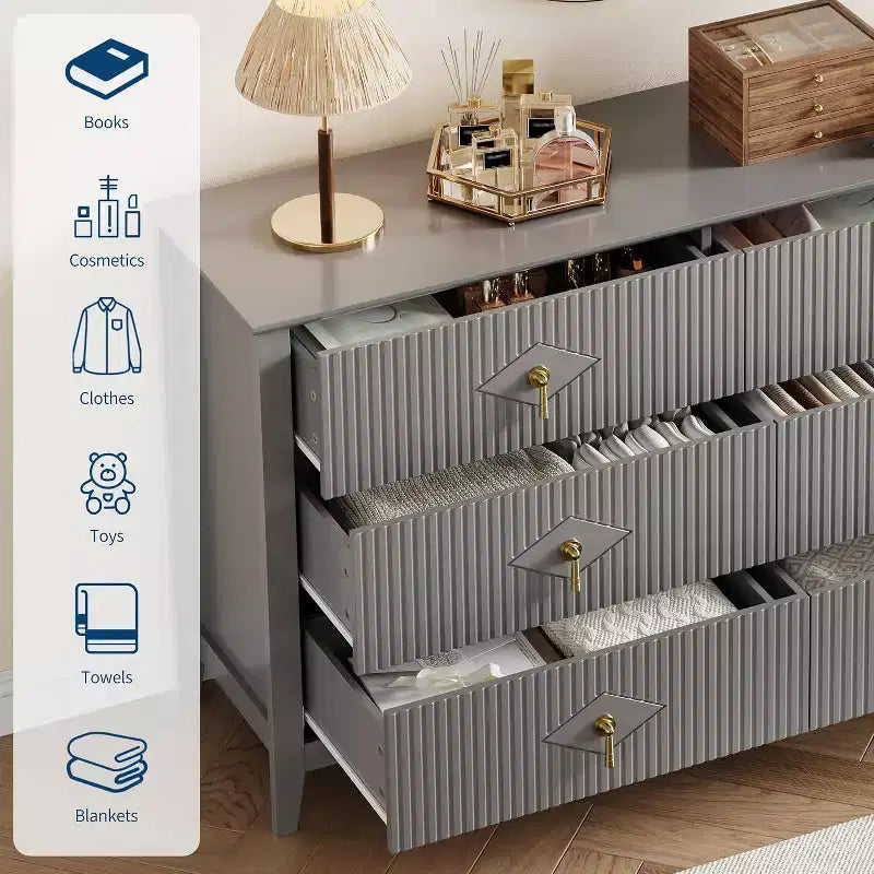 Commode extra large de 54 avec 6 tiroirs et panneaux cannelés, meuble moderne avec finition chêne pouvant servir de meuble TV, pour chambre, salon ou couloir