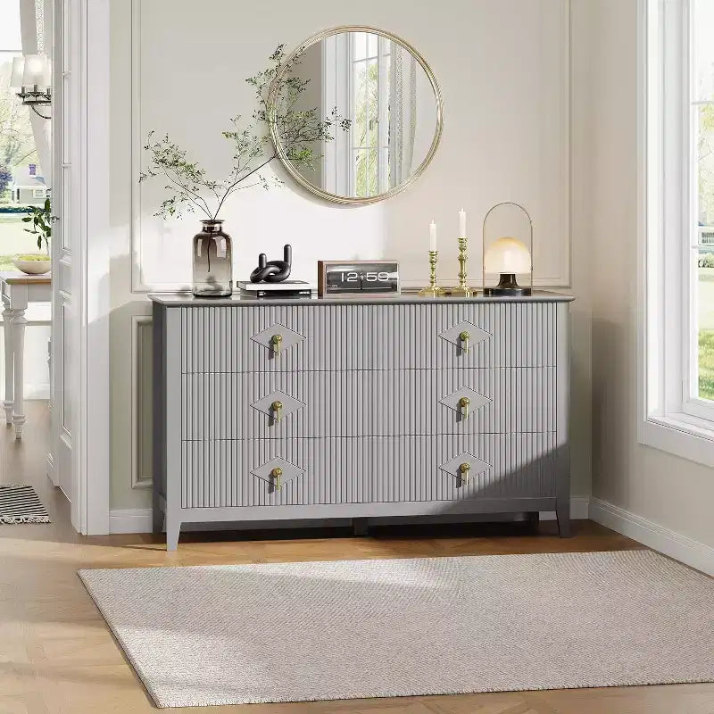 Commode extra large de 54 avec 6 tiroirs et panneaux cannelés, meuble moderne avec finition chêne pouvant servir de meuble TV, pour chambre, salon ou couloir