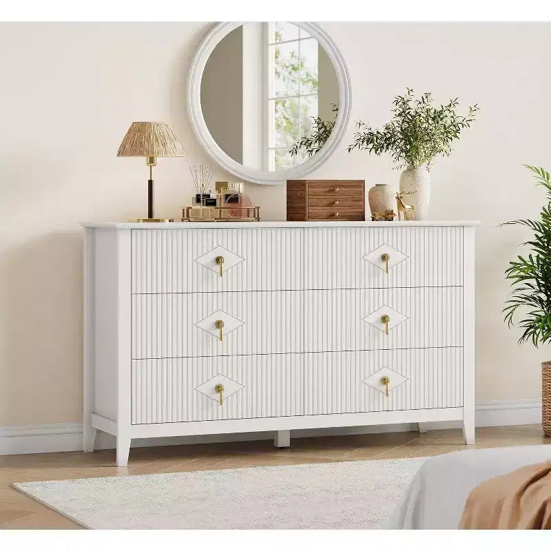 Commode extra large de 54 avec 6 tiroirs et panneaux cannelés, meuble moderne avec finition chêne pouvant servir de meuble TV, pour chambre, salon ou couloir