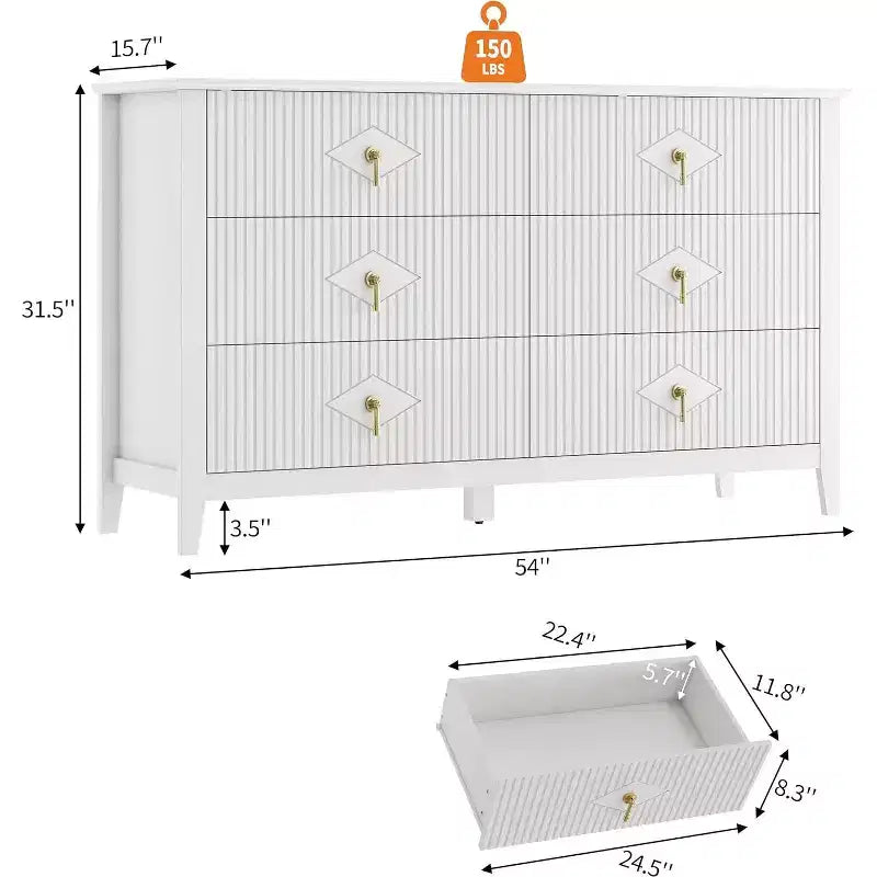 Commode extra large de 54 avec 6 tiroirs et panneaux cannelés, meuble moderne avec finition chêne pouvant servir de meuble TV, pour chambre, salon ou couloir