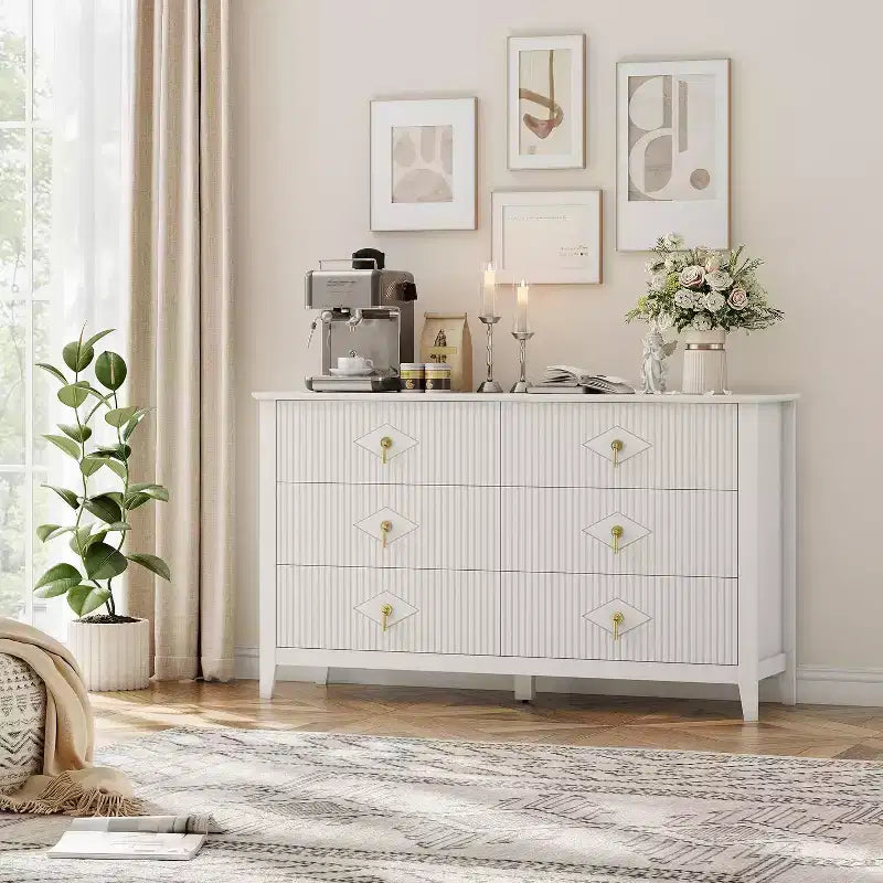 Commode extra large de 54 avec 6 tiroirs et panneaux cannelés, meuble moderne avec finition chêne pouvant servir de meuble TV, pour chambre, salon ou couloir