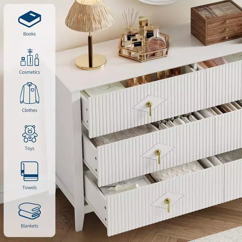Commode extra large de 54 avec 6 tiroirs et panneaux cannelés, meuble moderne avec finition chêne pouvant servir de meuble TV, pour chambre, salon ou couloir