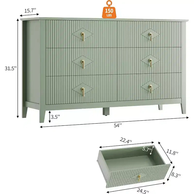 Commode extra large de 54 avec 6 tiroirs et panneaux cannelés, meuble moderne avec finition chêne pouvant servir de meuble TV, pour chambre, salon ou couloir