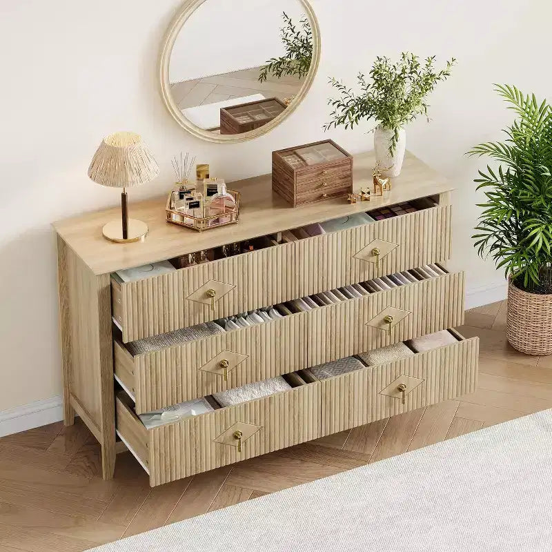 Commode extra large de 54 avec 6 tiroirs et panneaux cannelés, meuble moderne avec finition chêne pouvant servir de meuble TV, pour chambre, salon ou couloir