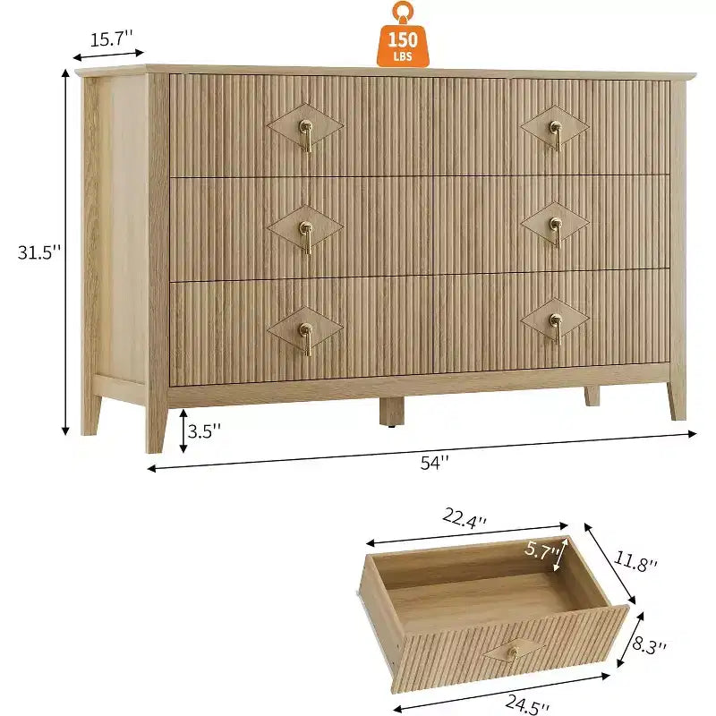 Commode extra large de 54 avec 6 tiroirs et panneaux cannelés, meuble moderne avec finition chêne pouvant servir de meuble TV, pour chambre, salon ou couloir