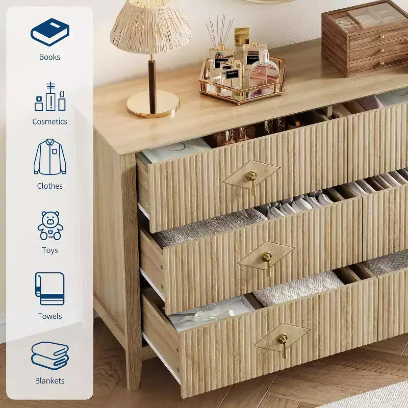 Commode extra large de 54 avec 6 tiroirs et panneaux cannelés, meuble moderne avec finition chêne pouvant servir de meuble TV, pour chambre, salon ou couloir