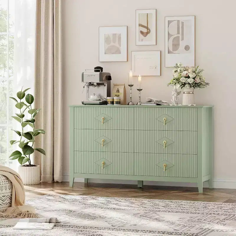 Extra breite Kommode mit 6 Schubladen, 54, geriffelte Fronten, moderne Schubladenkommode als TV-Ständer, Eichenoptik, für Schlafzimmer, Wohnzimmer und Flur