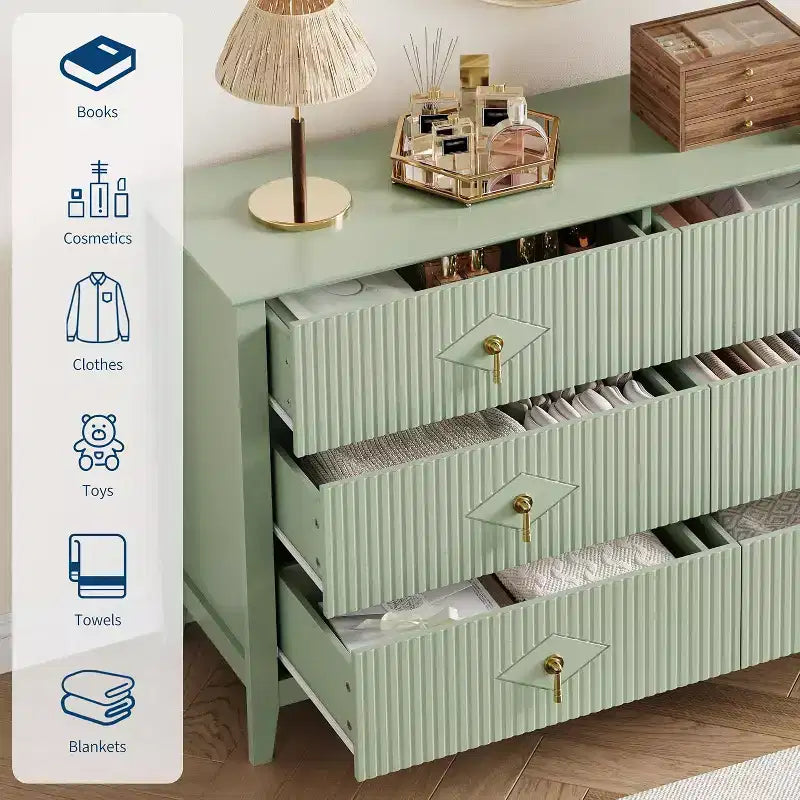 Commode extra large de 54 avec 6 tiroirs et panneaux cannelés, meuble moderne avec finition chêne pouvant servir de meuble TV, pour chambre, salon ou couloir