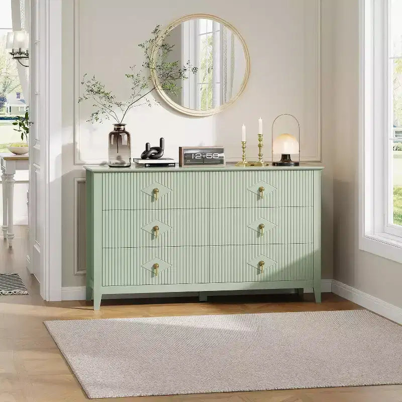 Commode extra large de 54 avec 6 tiroirs et panneaux cannelés, meuble moderne avec finition chêne pouvant servir de meuble TV, pour chambre, salon ou couloir