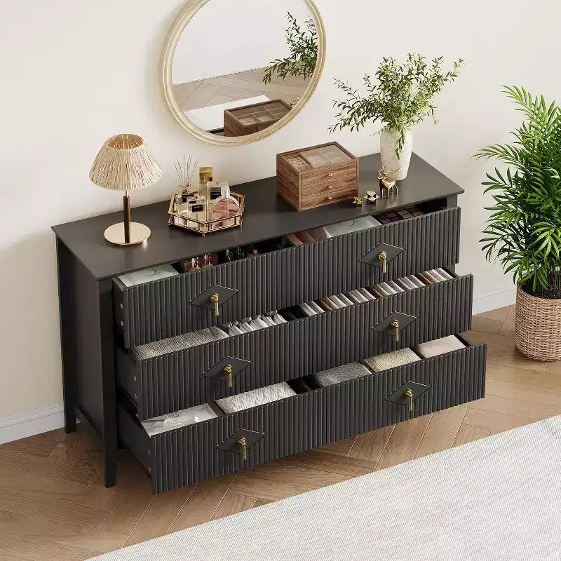 Extra breite Kommode mit 6 Schubladen, 54, geriffelte Fronten, moderne Schubladenkommode als TV-Ständer, Eichenoptik, für Schlafzimmer, Wohnzimmer und Flur