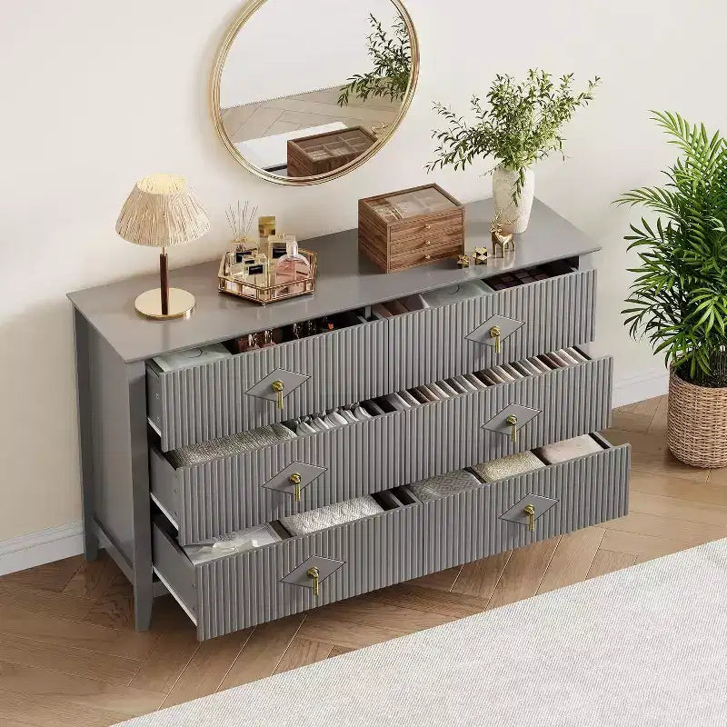 Extra breite Kommode mit 6 Schubladen, 54, geriffelte Fronten, moderne Schubladenkommode als TV-Ständer, Eichenoptik, für Schlafzimmer, Wohnzimmer und Flur