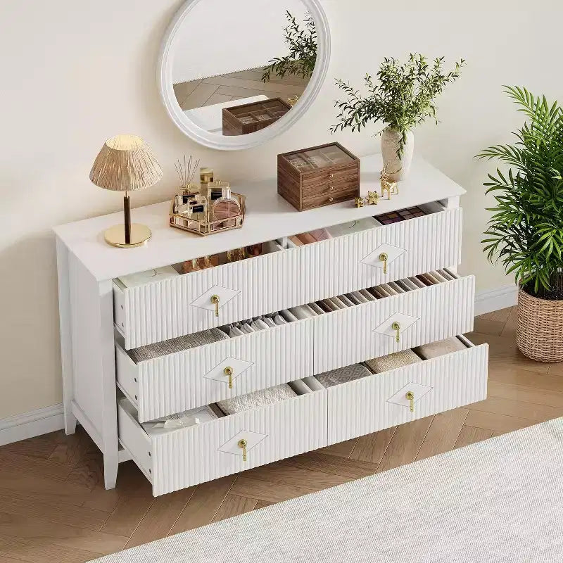 Extra breite Kommode mit 6 Schubladen, 54, geriffelte Fronten, moderne Schubladenkommode als TV-Ständer, Eichenoptik, für Schlafzimmer, Wohnzimmer und Flur
