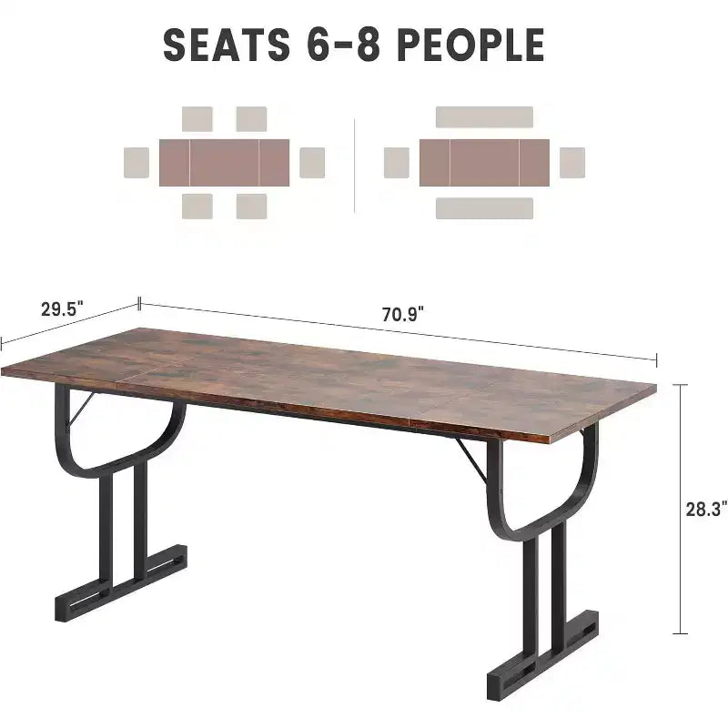Table de salle à manger rectangulaire de 70.9 pouces pour 4 à 6 personnes, pieds robustes en métal en forme de verre à vin, plateau en bois épais et résistant à l’usure, pour cuisine ou bureau