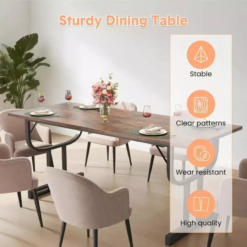 Table de salle à manger rectangulaire de 70.9 pouces pour 4 à 6 personnes, pieds robustes en métal en forme de verre à vin, plateau en bois épais et résistant à l’usure, pour cuisine ou bureau