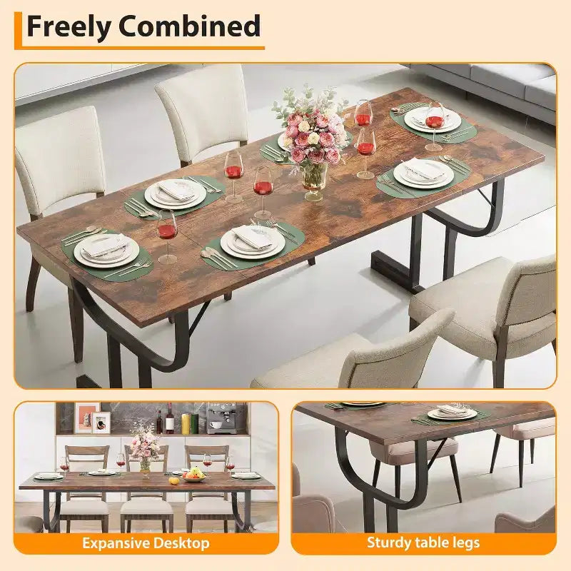 Table de salle à manger rectangulaire de 70.9 pouces pour 4 à 6 personnes, pieds robustes en métal en forme de verre à vin, plateau en bois épais et résistant à l’usure, pour cuisine ou bureau
